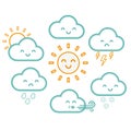 Cute kawaii cartoon weather symbols with faces. Childrens vector illustration of sunshine, clouds, rain, snow, wind and thunder.