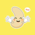 Cute and kawaii cashew kidney shape nut flat cartoon character. Vector bean with head and eyes, comic superfood hero. Vegetarian