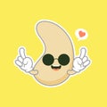 Cute and kawaii cashew kidney shape nut flat cartoon character. Vector bean with head and eyes, comic superfood hero. Vegetarian