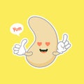 Cute and kawaii cashew kidney shape nut flat cartoon character. Vector bean with head and eyes, comic superfood hero. Vegetarian