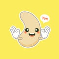 Cute and kawaii cashew kidney shape nut flat cartoon character. Vector bean with head and eyes, comic superfood hero. Vegetarian