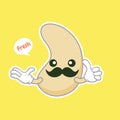 Cute and kawaii cashew kidney shape nut flat cartoon character. Vector bean with head and eyes, comic superfood hero. Vegetarian