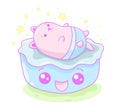 Kawaii illustration of a cute little cat in a bed.Illustration