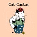 Cute kawaii cat cactus in pot with flower hand drawing doodle with lettering cat cactus. funny cat, vector illustration with Royalty Free Stock Photo