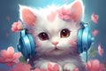 Cute kawaii cat wtih headphones. Generate Ai