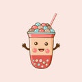 Cute kawaii character black Tapioca pearls. Bubble tea. Cartoon vector illustration of ball tapioca or boba. Boba tea, milk tea, Royalty Free Stock Photo