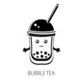 Cute kawaii character black Tapioca pearls. Bubble tea. Cartoon vector illustration of ball tapioca or boba. Boba tea, milk tea, Royalty Free Stock Photo