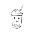 Cute kawaii character black Tapioca pearls. Bubble tea isolated on white background. Black-white cartoon vector illustration of Royalty Free Stock Photo