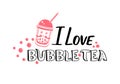 Cute kawaii character black Tapioca pearls and lettering I love Bubble tea. Cartoon vector illustration of ball tapioca or boba.