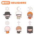 Cute kawaii characters set: People of different religions. Judaism Rabbi. Buddhism Monk. Hinduism Brahman. Catholicism Priest.