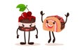 Cute Kawaii Chocolate Cake with Berry and Roulade with Face and Arms Vector Set