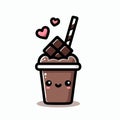 Cute kawaii chocolate milkshake with straw and red hearts, sweet dessert, Vector illustration, generative ai