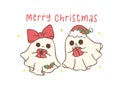 Cute and Kawaii Christmas Ghosts with gifts. Festive greeting card Holiday Cartoon Hand Drawing with adorable pose