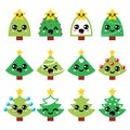 Cute Kawaii Christmas green tree with star icons set