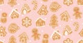 cute kawaii Christmas pattern seamless gingerbread hand drawing isolated on pink background