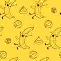 Cute kawaii baby bananas vector seamless pattern on yellow background with accessories Royalty Free Stock Photo