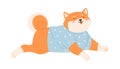 Cute kawaii dog of Shiba Inu breed lying in pajamas. Sleepy adorable Akita puppy resting. Colored flat vector