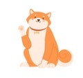 Cute kawaii dog of Shiba Inu breed waving with paw and saying hi. Greeting gesture of adorable Japanese puppy. Colored