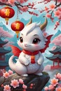 A cute kawaii dragon with vector art, red lampions, peach blossoms flower, ancient building, mountain view, digital anime style Royalty Free Stock Photo