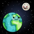 Cute kawaii earth and moon image. Home planet and satellite cartoon kids poster. Vector stock banner of space astronimic objects