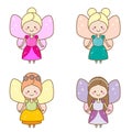 Cute kawaii fairies characters. Winged pixie princess in beautiful dresses. Cartoon style, girls kids stickers Royalty Free Stock Photo