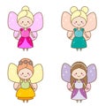 Cute kawaii fairies characters. Winged pixie princess in beautiful dresses. Cartoon style, girls kids stickers