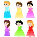 Cute kawaii fairy tale princess in colorful dresses. Girls in queen costumes. Cartoon style vector collection