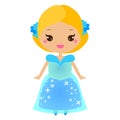 Cute kawaii fairy tale princess in blue dress. Girl in queen costume. Cartoon style vector illustration
