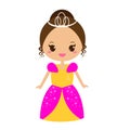 Cute kawaii fairy tale princess in long dress and crown. Girl in queen costume. Cartoon style vector illustration