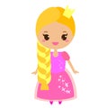 Cute kawaii fairy tale princess in long dress and crown. Girl in queen costume. Cartoon style vector illustration