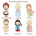 Cute kawaii fairy tales characters. Snow white, red riding hood, rapunzel, cinderella and other princess in beautiful dresses. Car Royalty Free Stock Photo