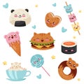 Cute Kawaii food cartoon characters set, desserts, sweets, fast food vector Illustration on a white background Royalty Free Stock Photo