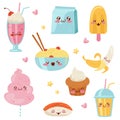 Cute Kawaii food cartoon characters set, desserts, sweets, sushi, fast food vector Illustration on a white background