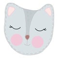 Cute kawaii fox head with funny ears and ruddy cheeks, kids toy, vector element with decorative stitching seam