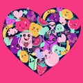 Cute Kawaii fruit and vegetable icons in heart shape.