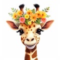 Cute kawaii giraffe with a crown of flowers on its head.