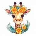 Cute kawaii giraffe with a crown of flowers on its head. Royalty Free Stock Photo