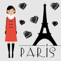 Cute Kawaii Girl And Eiffel Tower Silhouette Vector Illustration. Smiling Woman In Paris