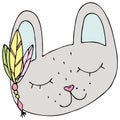 Cute kawaii gray hare with indian feathers and ornaments, head with muzzle, color vector element