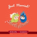 Cute kawaii groom monster and bridezilla character