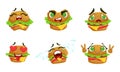 Cute Kawaii Hamburger Cartoon Character with Different Emotions Set, Funny Burger Emoticons Vector Illustration