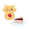 Cute kawaii hamster with fresh Strawberry, cake decorated pink cream and chocolate icing, piece of cake on the blue plate, pastel Royalty Free Stock Photo