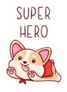 Cute kawaii hand drawn corgi dog doodles, lettering super hero , isolated on white background