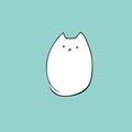 Cute kawaii hand drawn doodle white cat with funny quirky puzzled face expression sitting on turquoise background. Freehand