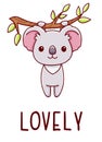 Cute kawaii hand drawn koala doodles, lettering lovely, isolated on white background
