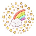 Cute kawaii hand drawn rainbow doodles, circle print , isolated on white background Royalty Free Stock Photo