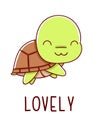 Cute kawaii hand drawn turtle doodles, lettering lovely, isolated on white background