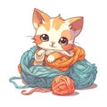 Cute kawaii happy funny cartoon kitten playing on balls of yarn.