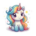 Cute kawaii happy funny unicorn with rainbow colored tail and mane.