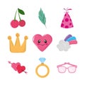 Cute kawaii heart crown cherry glasses hearts cloud set icons